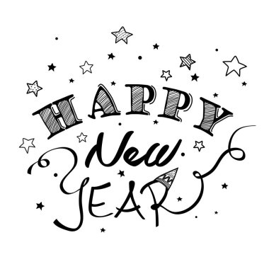 Mutlu yeni yıl tebrik kartı yıldız ile beyaz arka plan üzerinde.