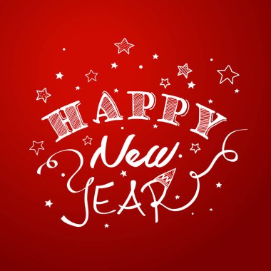 Mutlu yeni yıl tebrik kartı yıldız kırmızı zemin üzerine.