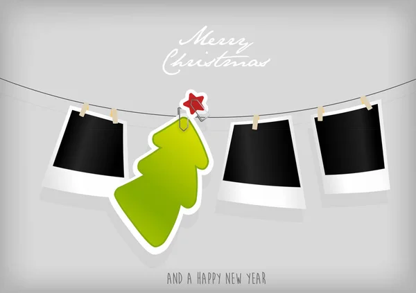 Colgando insignia de árbol de Navidad y fotografías. Arte vectorial — Vector de stock