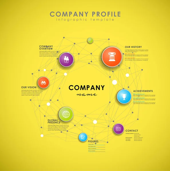 Company profile overview template with colorful circles on yello — Stock Vector