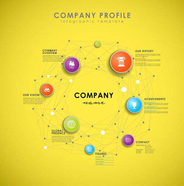 Company profile overview template with colorful circles on yello