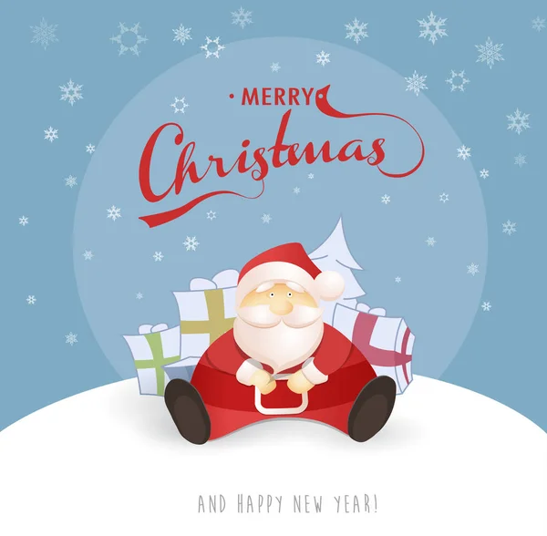 Feliz Navidad y Feliz Año Nuevo tarjeta de felicitación con Santa sitt — Vector de stock