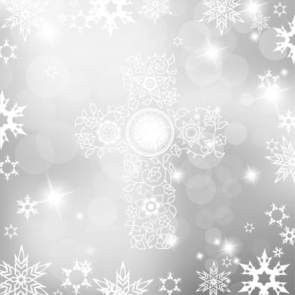 Vánoční stříbrné pozadí s bílým květinovým křesťanství kříž — Stockový vektor