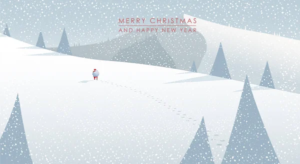 Kış dağ manzara sahne, Noel Baba ile yürüyüş — Stok Vektör