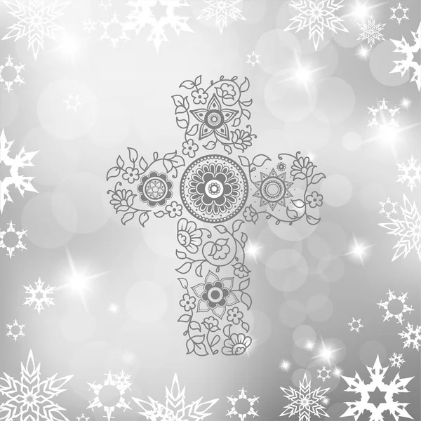 Natal fundo de prata com cinza floral Cristianismo cruz — Vetor de Stock