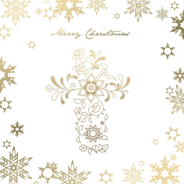 Natal fundo branco com dourado floral Cristianismo cruz —  Vetores de Stock