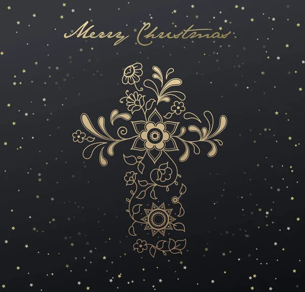 Weihnachten dunklen Hintergrund mit goldenen floralen Christentum-Kreuz — Stockvektor