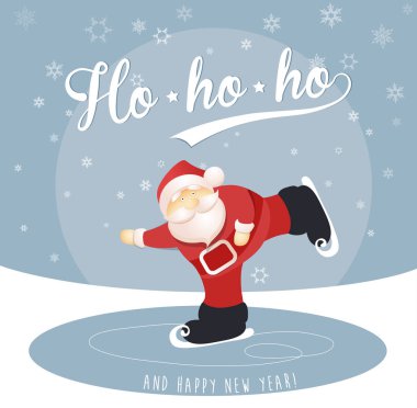 Skatin buz ile neşeli Noel ve mutlu yeni yıl tebrik kartı