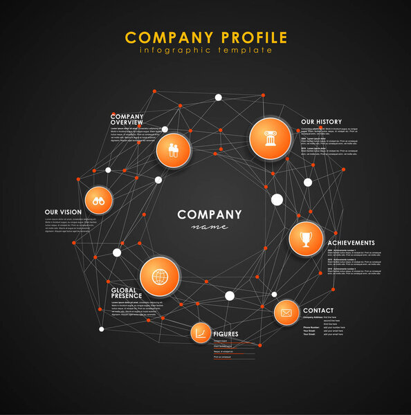 Company profile overview template with orange circles and dots -