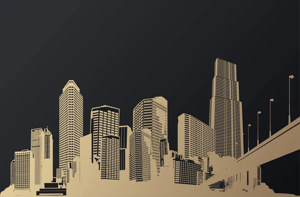Paysage urbain doré avec gratte-ciel et pont . — Image vectorielle