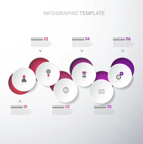 Infografik-Vorlage mit sechs Kreisen und Symbolen - Light-Version. — Stockvektor
