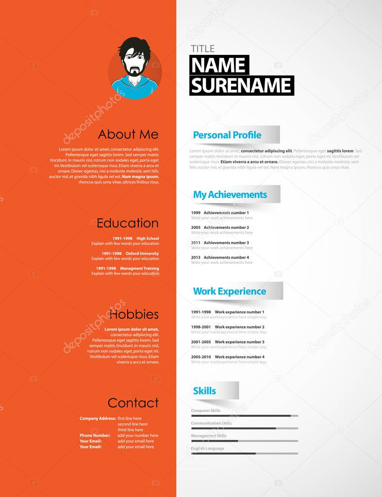 Creative CV template with orange paper stripe.