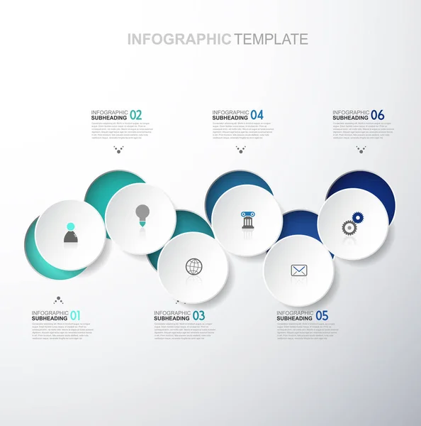 Infographic sjabloon met zes cirkels en pictogrammen - light-versie. — Stockvector
