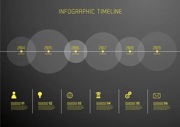 Infographic sjabloon met zes cirkels en pictogrammen - donkere versie. — Stockvector