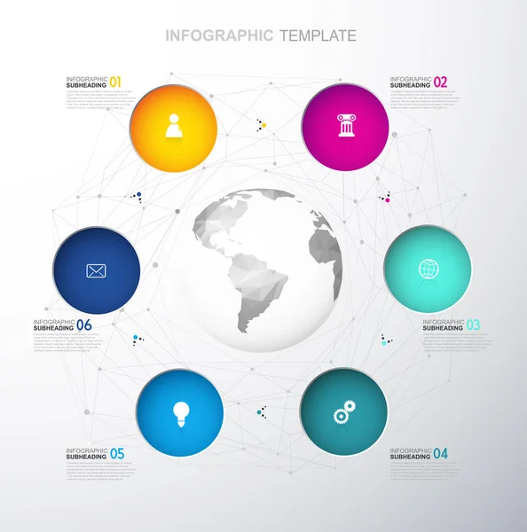 Infographic πρότυπο με τα έξι πολύχρωμα κύκλους και εικονίδια γραμμή μέχρι — Διανυσματικό Αρχείο