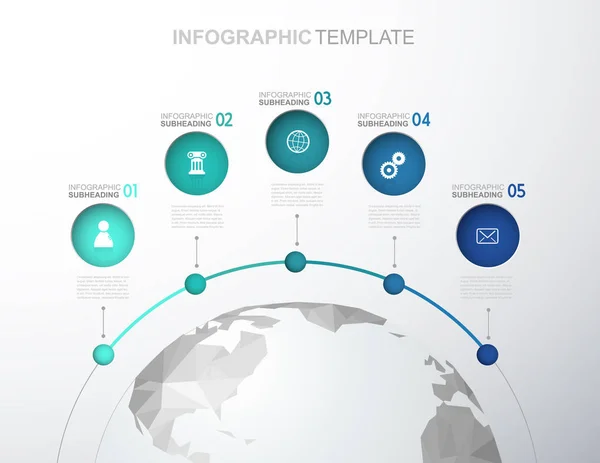 Modèle d'infographie avec cinq cercles, icônes aligner et polygo — Image vectorielle