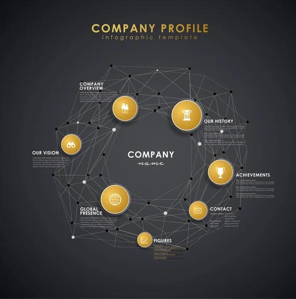 Übersichtsvorlage zum Unternehmensprofil mit goldenen Kreisen und Punkten - — Stockvektor