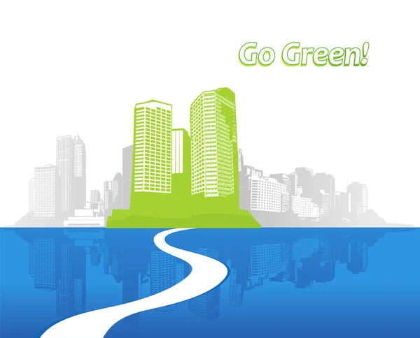 Go Green Illustration mit grünen Wolkenkratzern und blauem Wasser bei f — Stockvektor