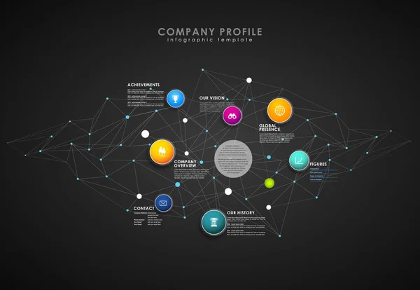 Company profile overview template with colorful circles and dots — Stock Vector