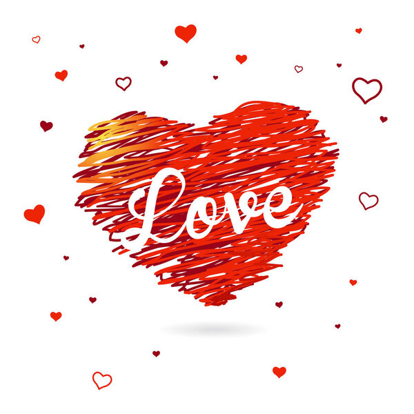 Valentine heart created from red lines and white Love text with 