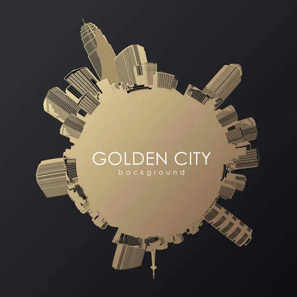Round golden cityscape with skyscrapers placed around. — Stock Vector
