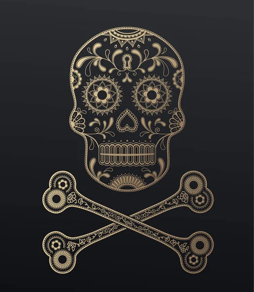 Sugar Skull day of the dead golden illustration with crossed bon — Stock Vector