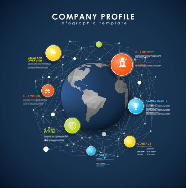Company profile overview template with colorful circles, dots an