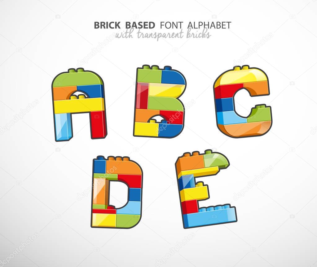 Alphabet set created from playing bricks with some transparent e
