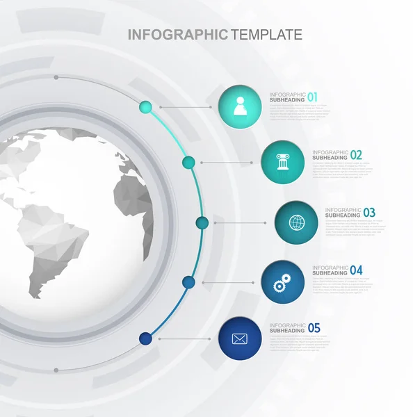 Modèle d'infographie avec cinq cercles et icônes alignés à côté — Image vectorielle