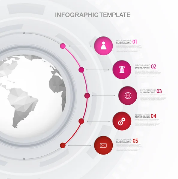 Modèle d'infographie avec cinq cercles et icônes alignés à côté — Image vectorielle