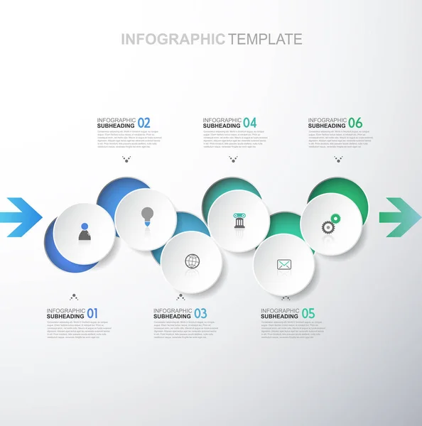 Infographic sjabloon met zes cirkels en pictogrammen - light-versie. — Stockvector