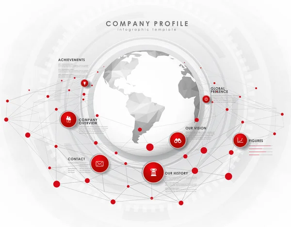 Šablona přehledu profil společnosti s červenými kroužky, tečky a pol — Stockový vektor