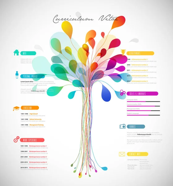 Creatief, kleur rijke Cv / resume template met abstracte boom in — Stockvector
