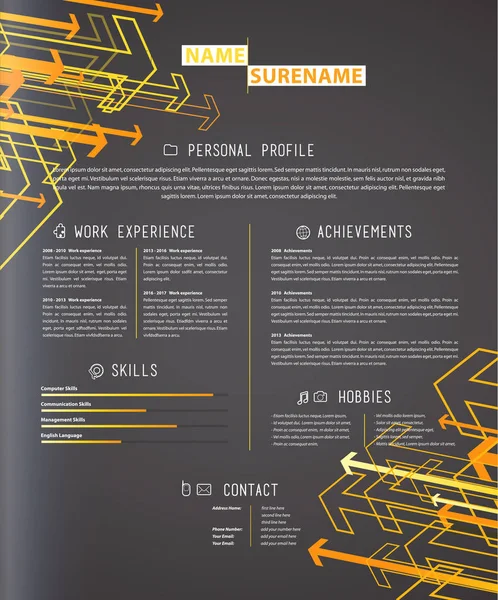 Modèle de CV simple créatif sur fond gris et flèches jaunes — Image vectorielle