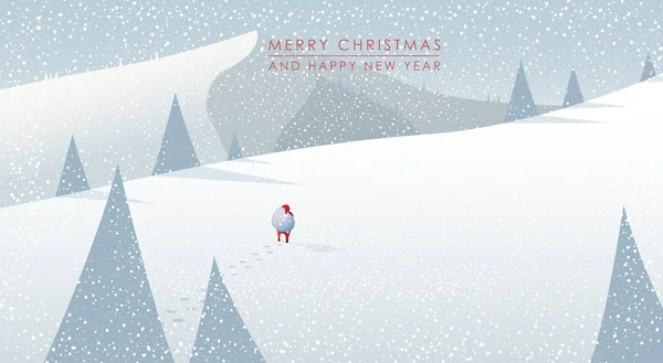 Kış dağ manzara sahne, Noel Baba ile yürüyüş — Stok Vektör