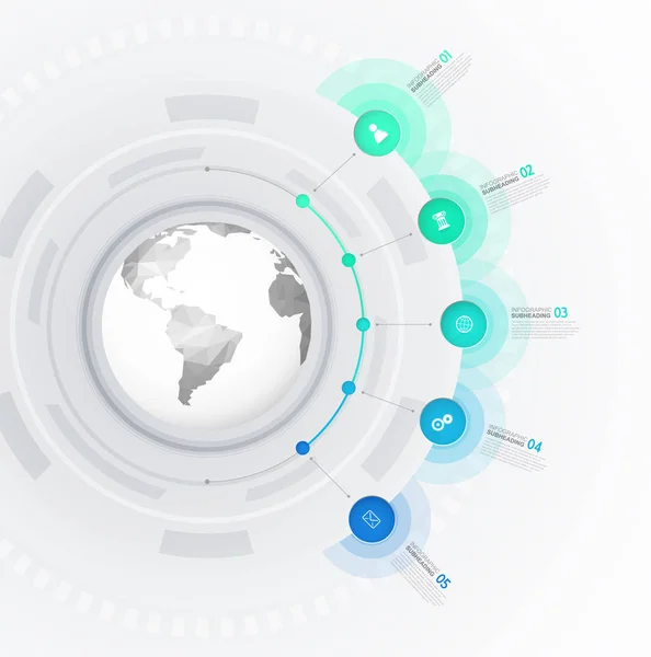 Infographic mall med fem cirklar och ikoner radas upp bredvid — Stock vektor