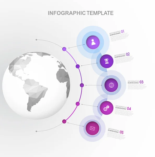 Infographic mall med fem cirklar och ikoner radas upp bredvid — Stock vektor
