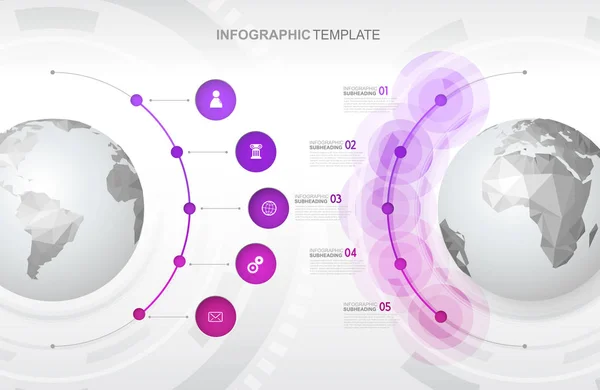 Modèle d'infographie avec cinq cercles et icônes alignés à côté — Image vectorielle