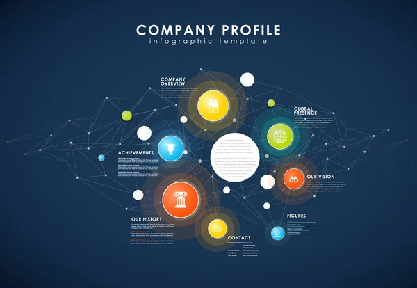 Företagsmall profil översikt med färgglada cirklar, prickar på — Stock vektor