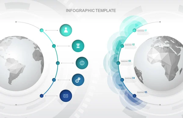 Modèle d'infographie avec cinq cercles et icônes alignés à côté — Image vectorielle