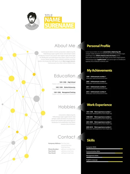 Δημιουργική απλό πρότυπο βιογραφικό με κίτρινες και γκρι κύκλους και τελεία — Διανυσματικό Αρχείο