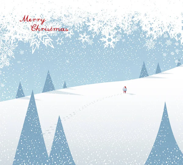 Winterliche Berglandschaft, wandelnder Weihnachtsmann mit seinem — Stockvektor