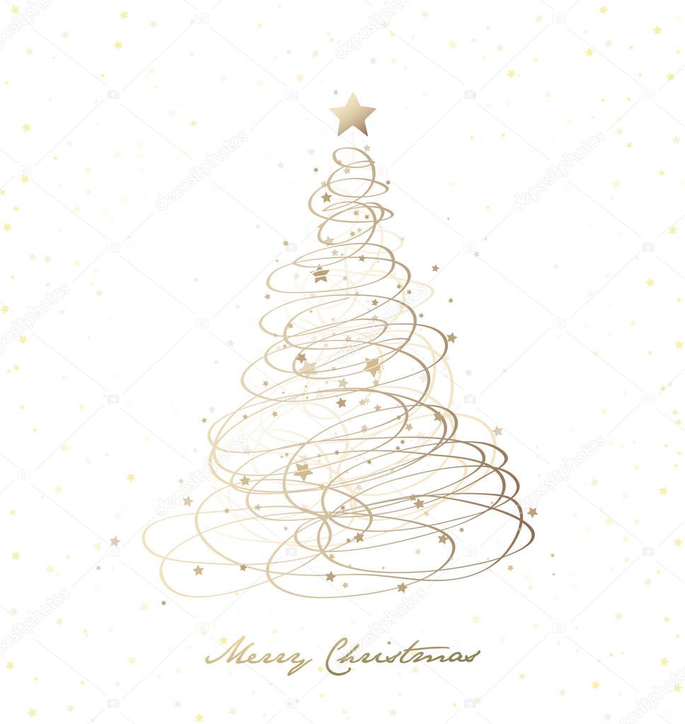 Christmas tree background created from golden ribbons and many s