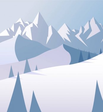 Çam ağaçları ve karlı tepeleri ile kış dağ manzarası.