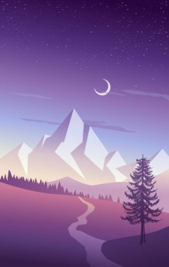 Yaz dağ manzarası ile çam ağacı, nehir ve hills adlı b