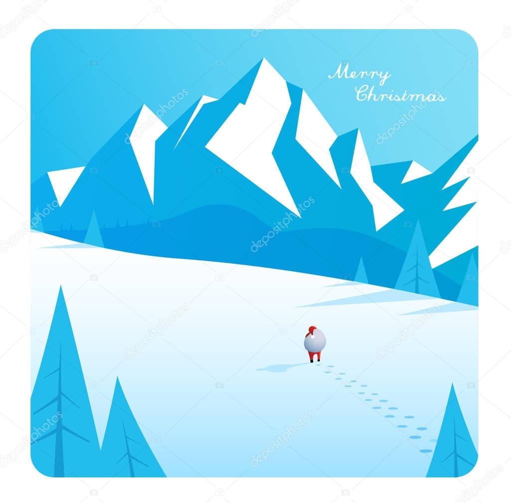 Winter mountain landscape scenery, walking Santa Claus with his 