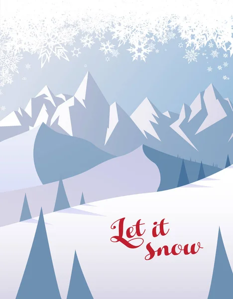 Vinter bergslandskap med pinjeträd, snöiga kullar och röd låt — Stock vektor