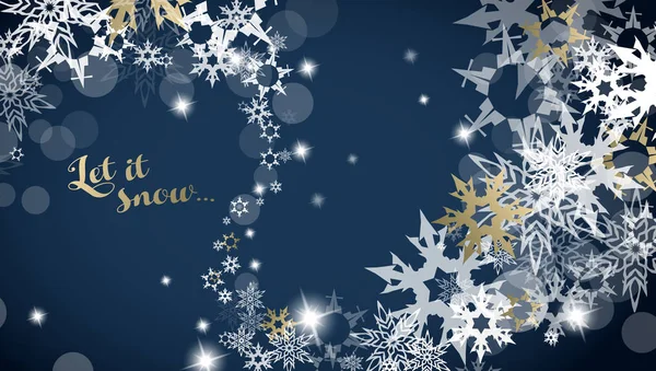 Χριστούγεννα σκούρο φόντο με χρυσό - λευκό νιφάδες χιονιού και ας — Διανυσματικό Αρχείο