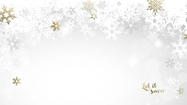 Jul ljus bakgrund med vita och gyllene snöflingor. — Stock vektor
