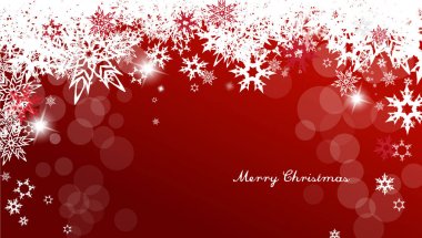 Beyaz ve kırmızı kar taneleri ve kırmızı Merry Christmas arka plan